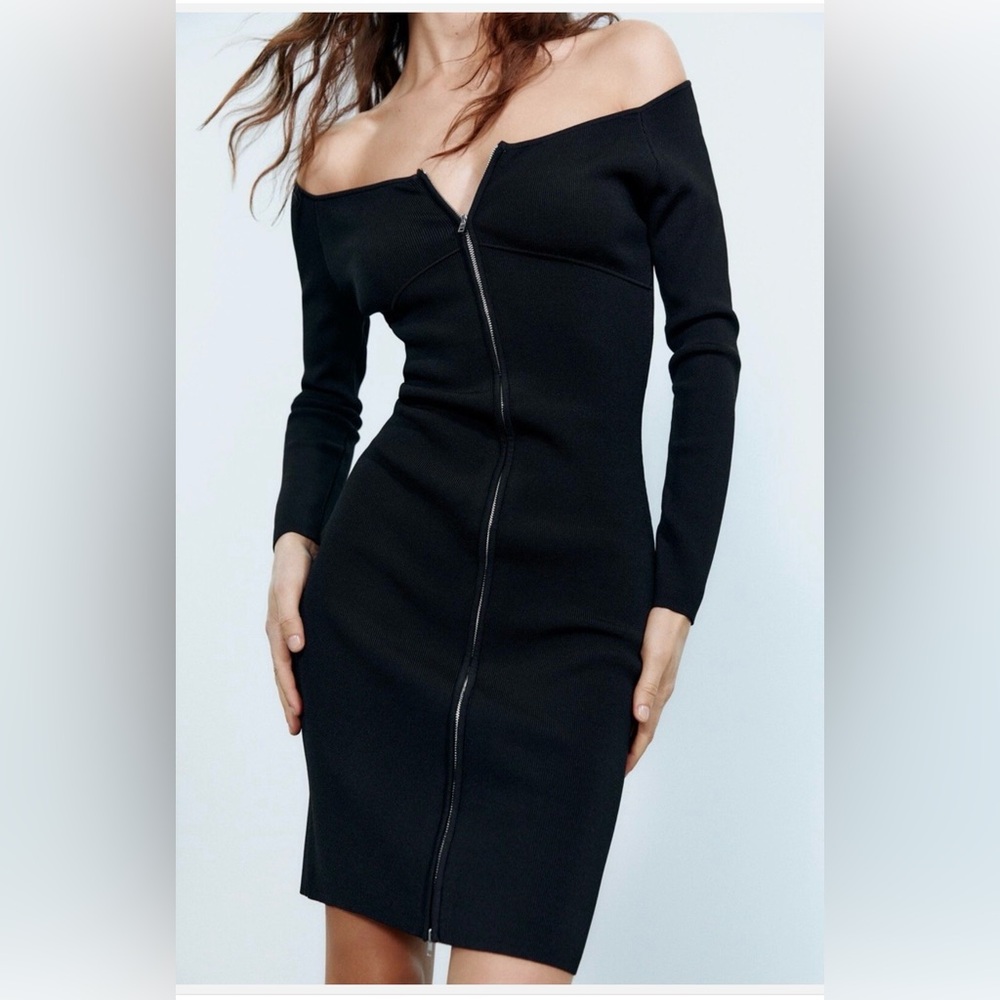 Zara Black Long-Sleeve Off-Shoulder Zip Dress
